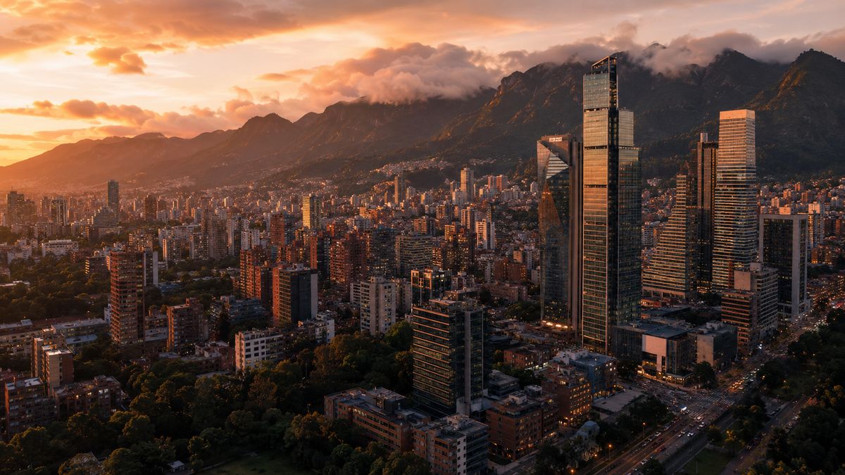 Bogotá Colombia skyline at sunset with Andes mountains