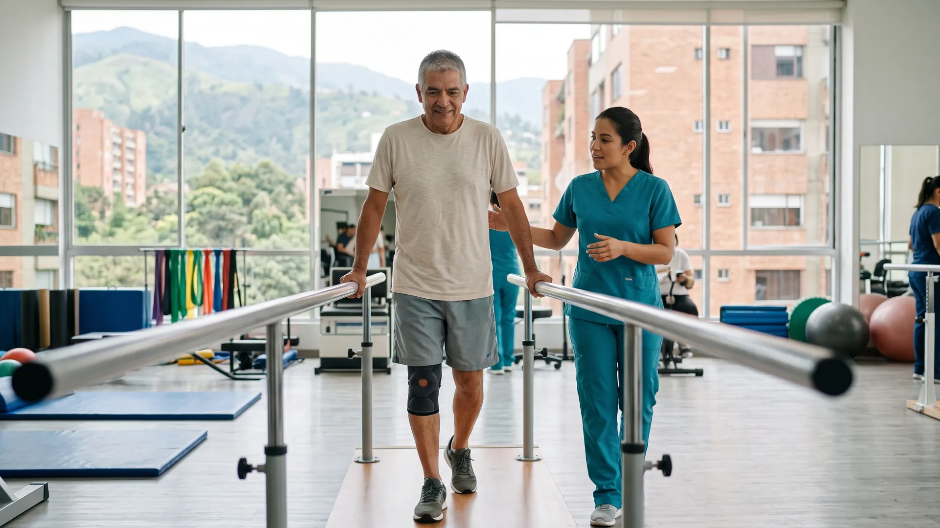 A patient in a knee brace walks between parallel bars at a rehabilitation gym in Medellín while his physiotherapist walks beside him