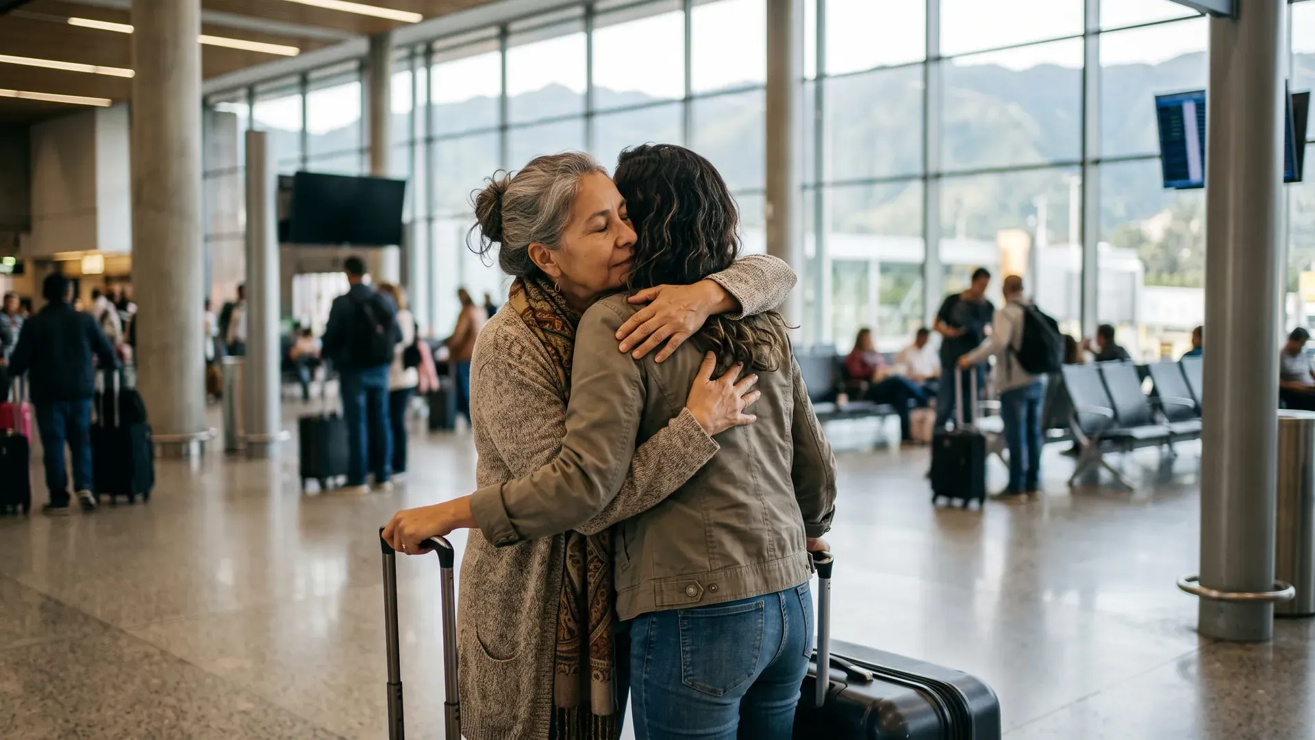Una mujer con su maleta abraza a su madre en el aeropuerto de Medellín