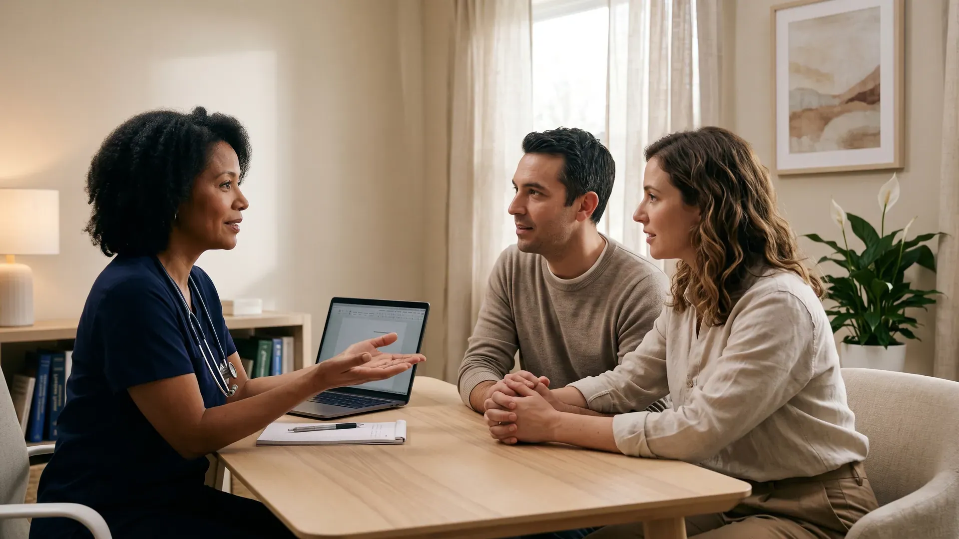 A couple holds hands across a table during a warm consultation with a fertility doctor