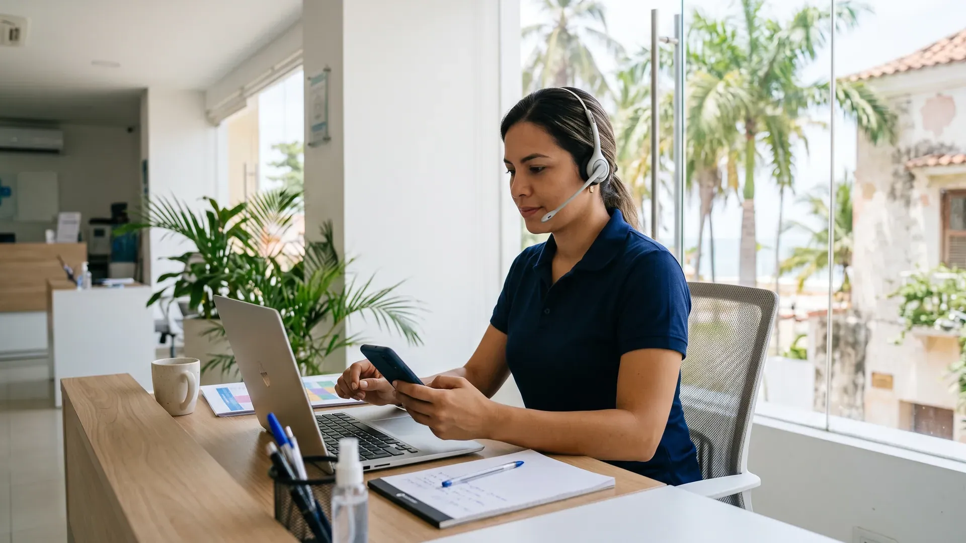 A bilingual patient coordinator with a headset smiles at her phone at a bright desk with palm trees outside the window