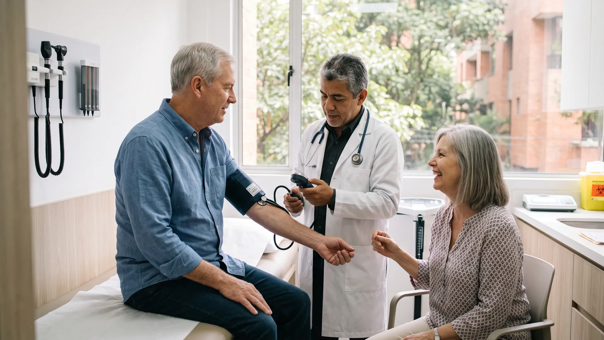 A retired American couple at a routine checkup in Medellín; the doctor takes the man's blood pressure while his wife laughs beside him