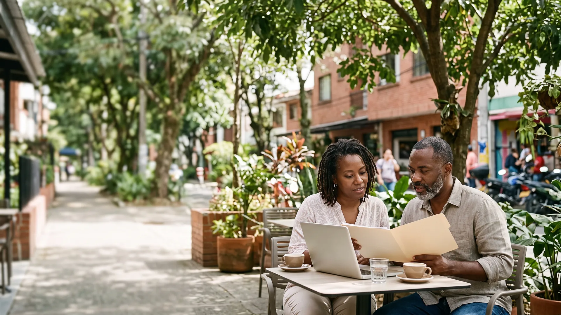 A couple reviews a folder of paperwork at a café table on a tree-lined street in Medellín
