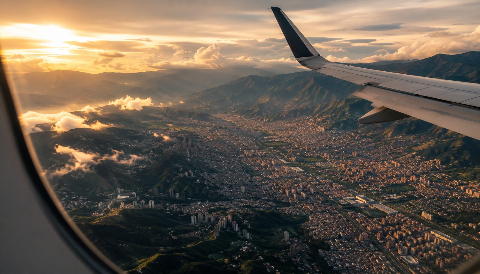 Aerial view of Colombia from an airplane window at golden hour with mountains and city below