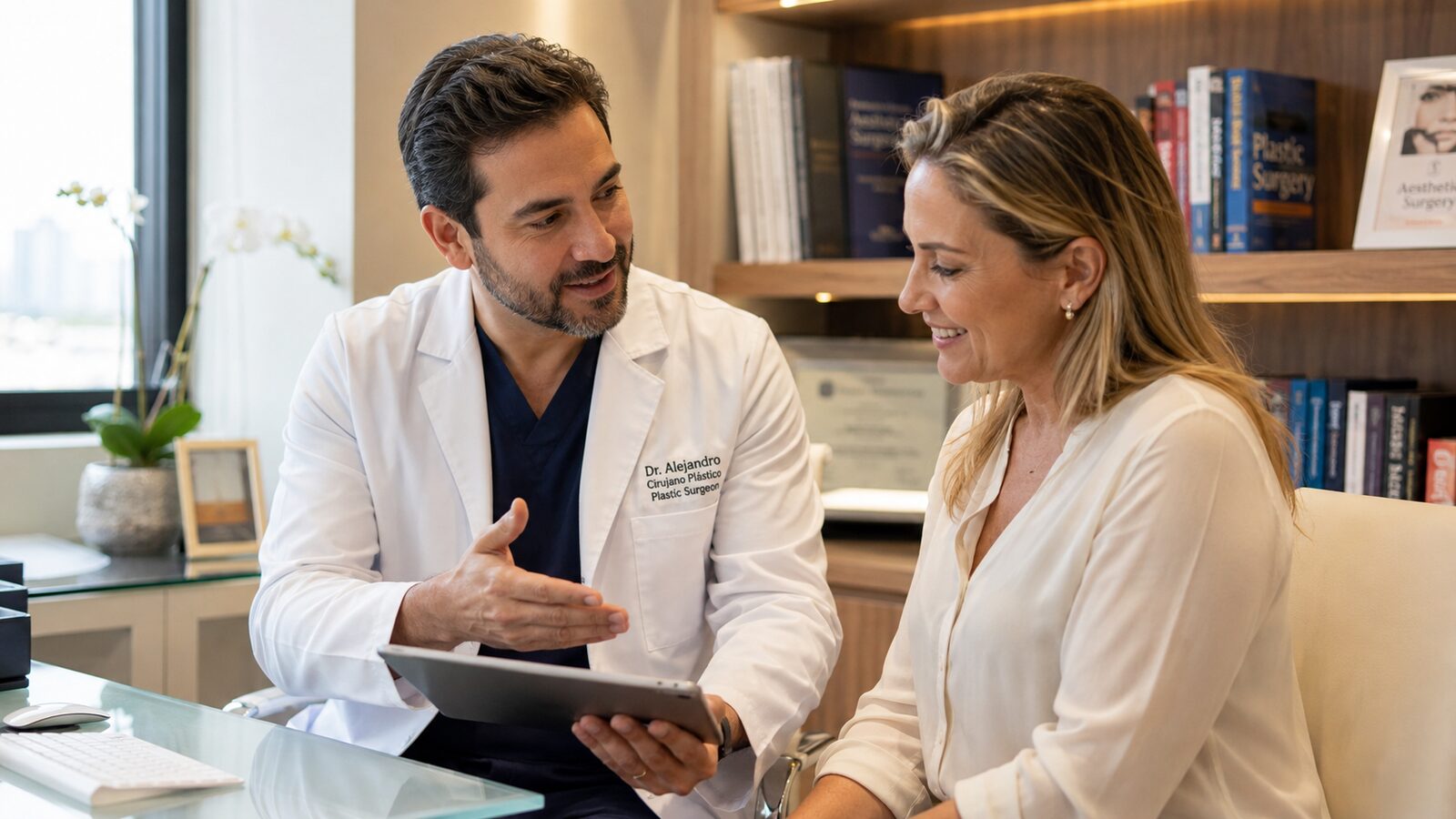 Colombian doctor consulting with an international patient in a modern medical office
