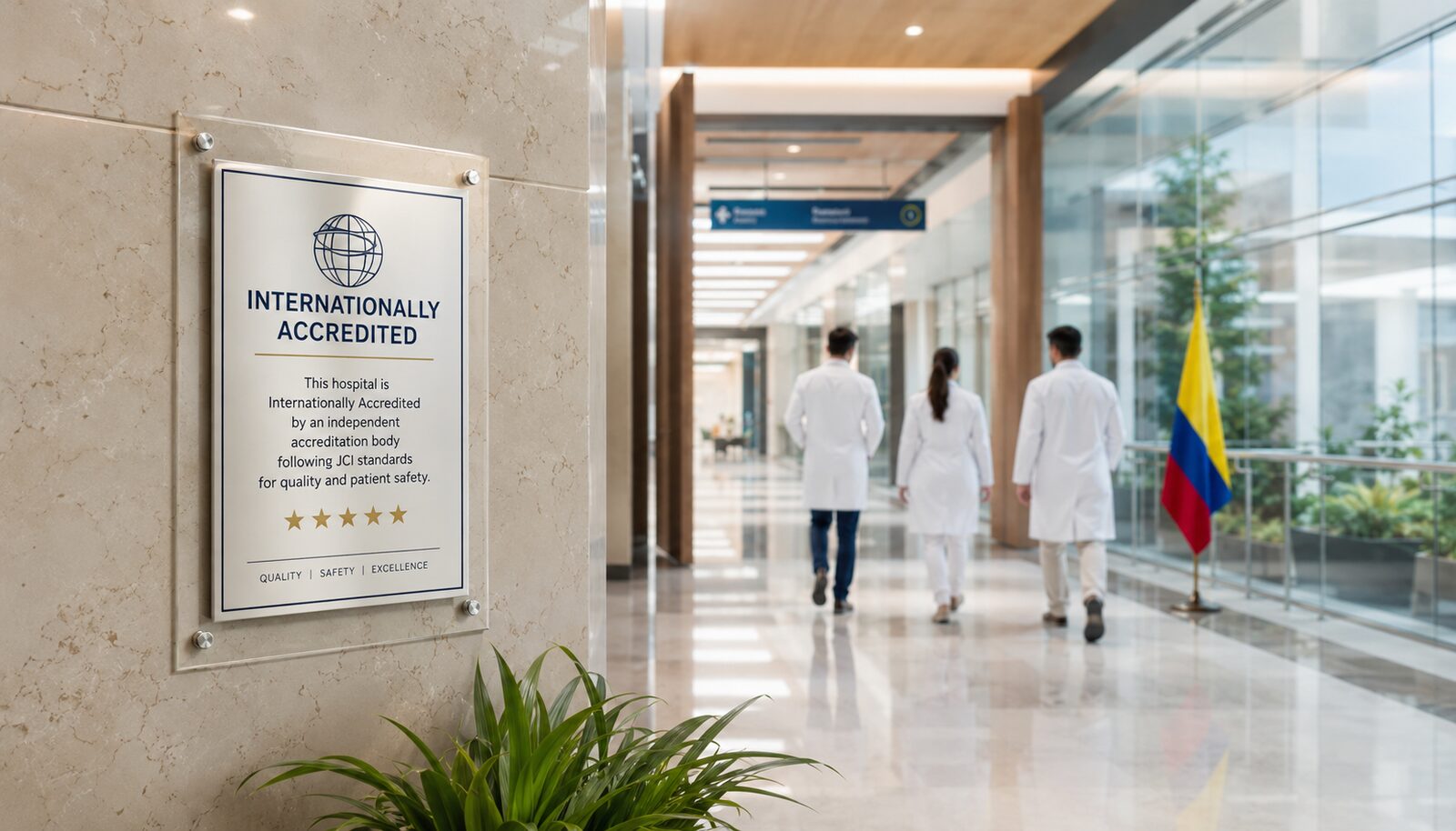 Modern Colombian hospital corridor with JCI accreditation plaque and medical professionals