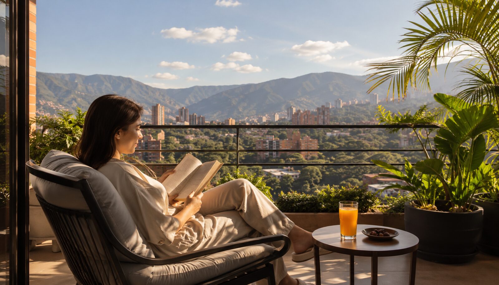 Patient recovering on a balcony in Medellín with mountain views and tropical plants
